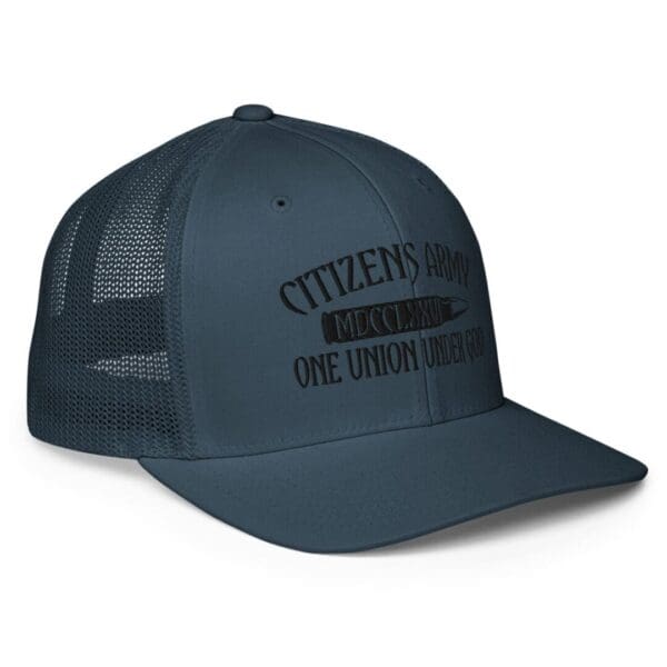 A Closed Back Trucker Cap in Navy Blue Color Front Right