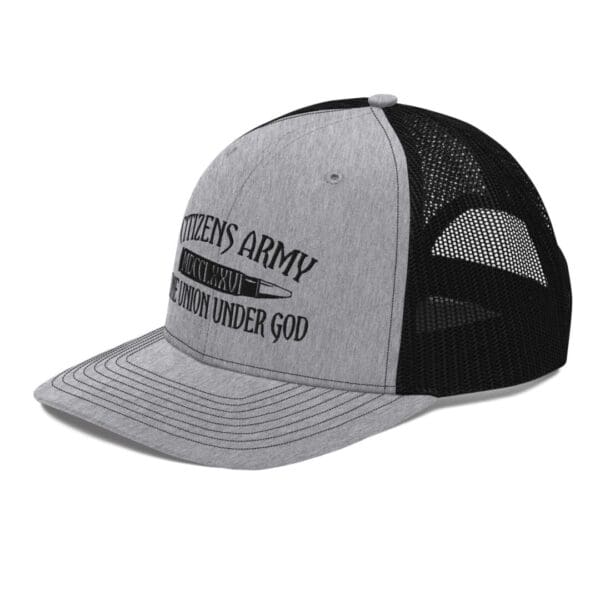 A Snapback Black and Grey Cap Side Cross View