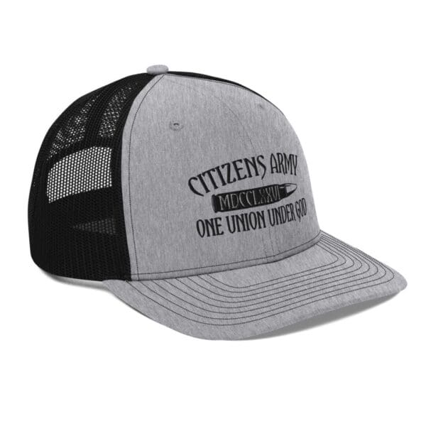 A Snapback Black and Grey Cap Side Cross View Rotated