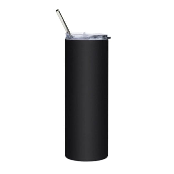 A "STRENGTH IN NUMBERS Stainless steel tumbler BLACK Calibers" with a straw on a white background.