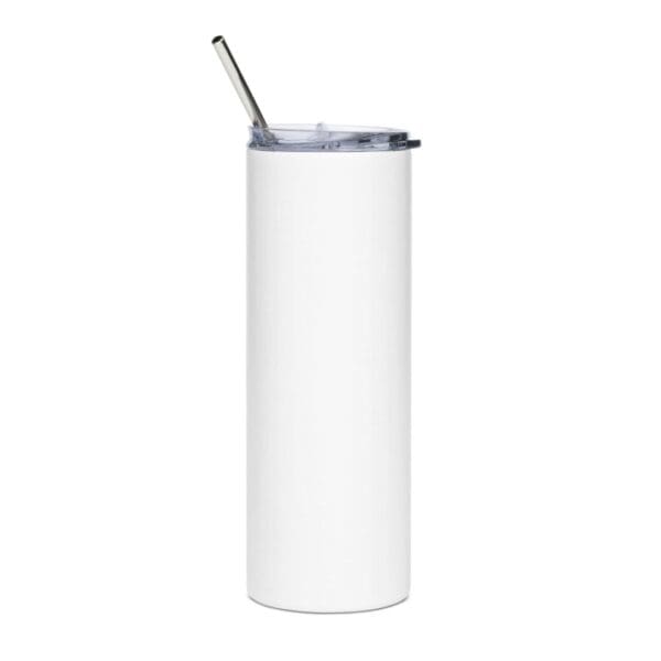 A white STRENGTH IN NUMBERS stainless steel tumbler with a straw on a white background.