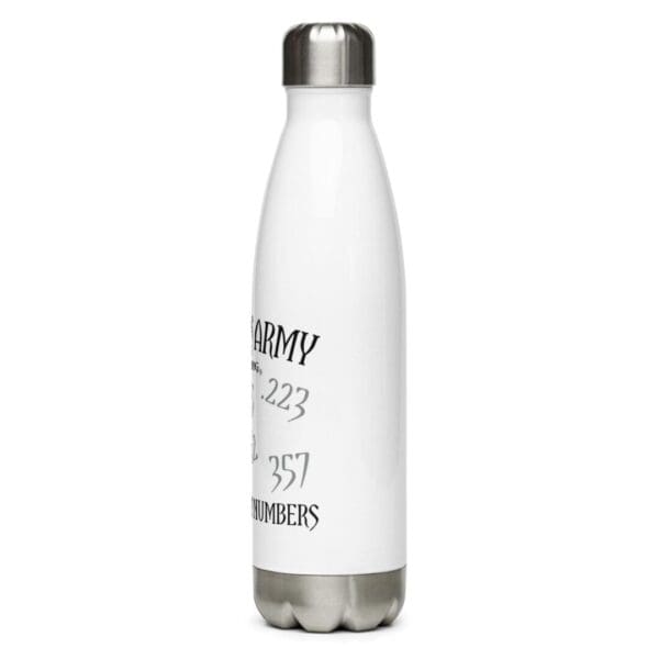 A STRENGTH IN NUMBERS Stainless Steel Water Bottle WHITE Calibers with a black and white design, embodying strength and unity.