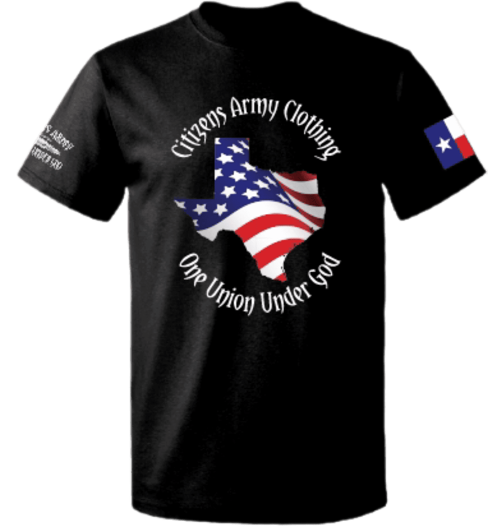 A black t - shirt that says texas army cadets united under usa.