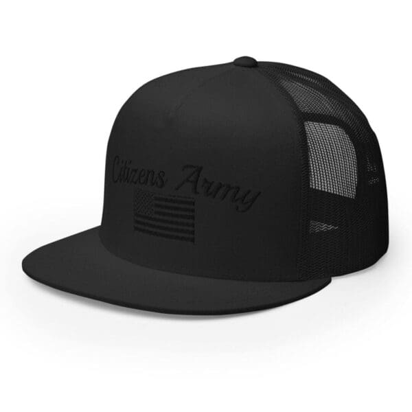 A black Trucker 6006 Snap Back Cap Citizens Army w/ Flag (Black Font) with the words 'queens army' on it.