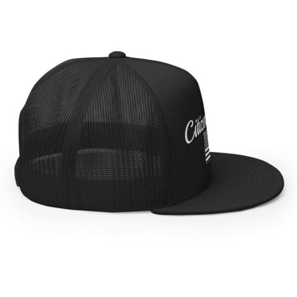 A Trucker 6006 Snap Back Cap Citizens Army w/ Flag (White Font) hat with the word california on it.
