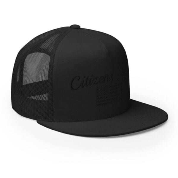 A Trucker 6006 Snap Back Cap Citizens Army w/ Flag (Black Font) hat with the word citizens on it.