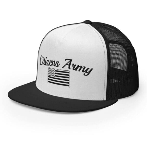 A black and white Trucker 6006 Snap Back Cap Citizens Army w/ Flag (Black Font) with the words citizens army on it.