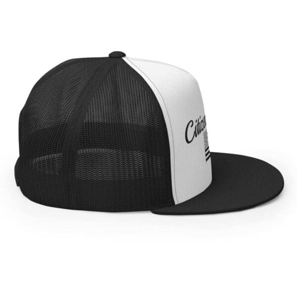 A black and white Trucker 6006 Snap Back Cap Citizens Army w/ Flag with the word california on it.