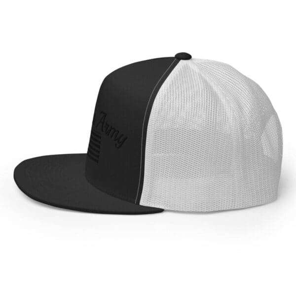 A black and white Trucker 6006 Snap Back Cap Citizens Army w/ Flag (Black Font) with an american flag on it.