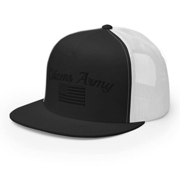 A Trucker 6006 Snap Back Cap Citizens Army w/ Flag in black font.