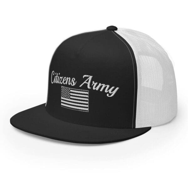 A black and white Trucker 6006 Snap Back Cap Citizens Army w/ Flag (White Font) hat with the words citizens army on it.
