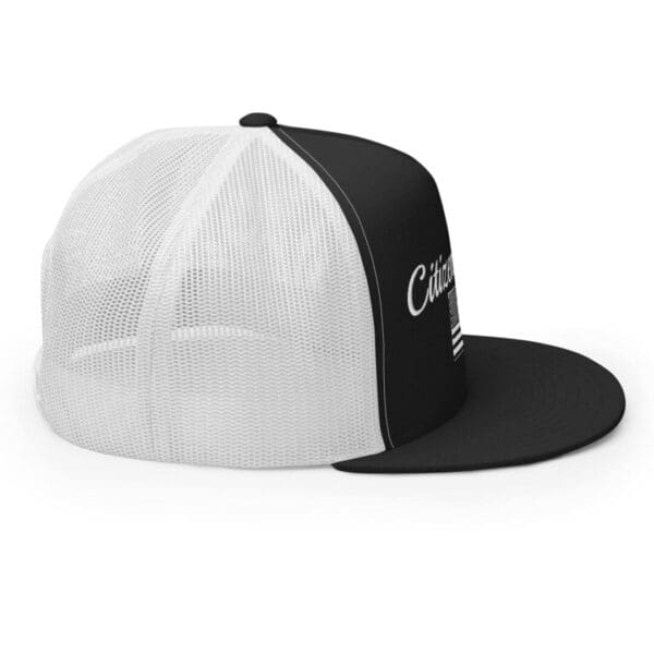 A black and white Trucker 6006 Snap Back Cap Citizens Army w/ Flag hat with the word california on it.