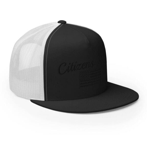 A black and white Trucker 6006 Snap Back Cap Citizens Army w/ Flag (Black Font) with the word citizens on it.