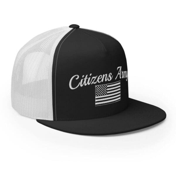 A black and white Trucker 6006 Snap Back Cap Citizens Army w/ Flag (White Font) hat with the words citizen's army on it.