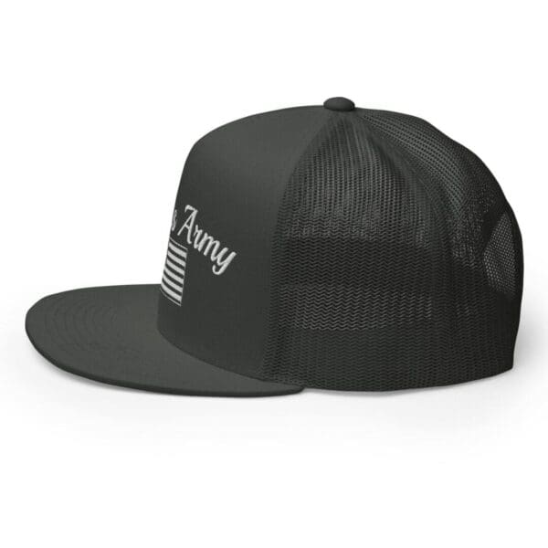 A black Trucker 6006 Snap Back Cap Citizens Army w/ Flag (White Font) with an american flag on it.