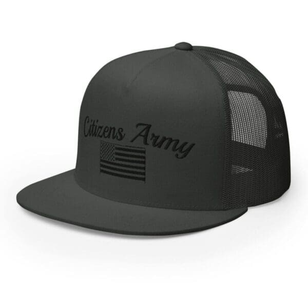 A Trucker 6006 Snap Back Cap Citizens Army w/ Flag (Black Font) with an american flag on it.