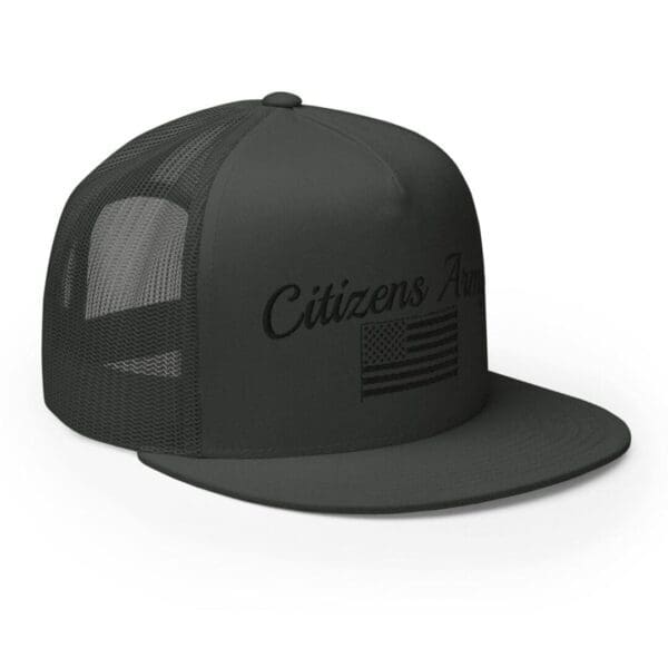 A Trucker 6006 Snap Back Cap Citizens Army w/ Flag (Black Font) with an american flag on it.