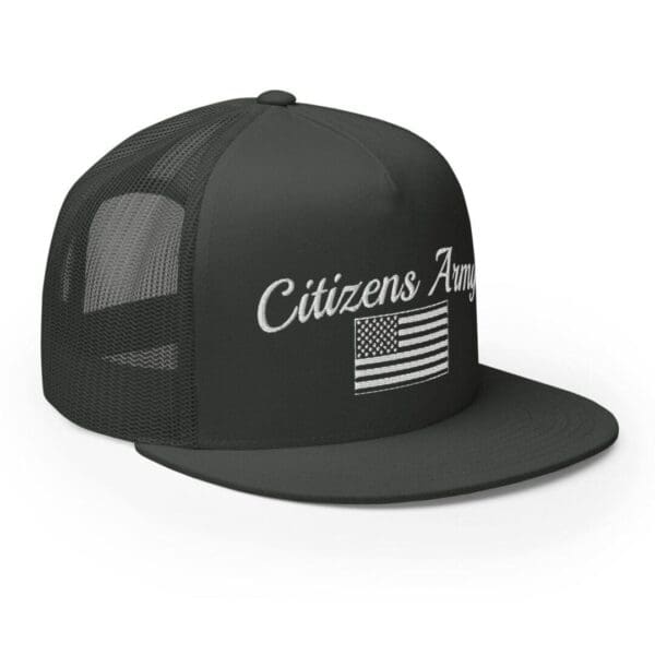 A Trucker 6006 Snap Back Cap Citizens Army w/ Flag (White Font) with the words citizen's army on it.