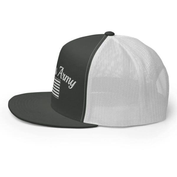 A black and white Trucker 6006 Snap Back Cap Citizens Army w/ Flag (White Font) with an american flag on it.
