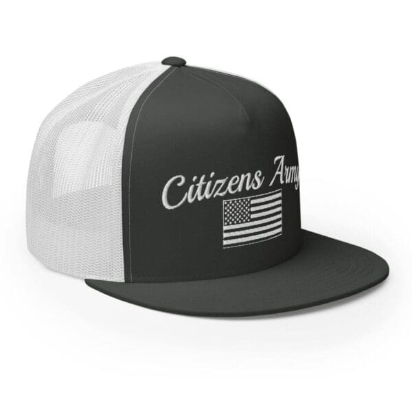A black and white Trucker 6006 Snap Back Cap Citizens Army w/ Flag (White Font) with the words citizen's army on it.