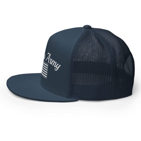 A navy Trucker 6006 Snap Back Cap Citizens Army w/ Flag (White Font) with an american flag on it.