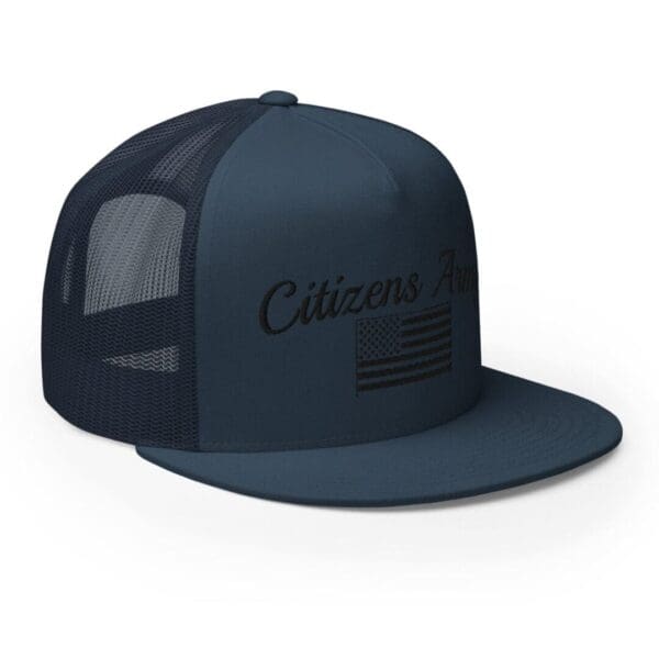 A navy Trucker 6006 Snap Back Cap Citizens Army w/ Flag (Black Font) hat with the word citizen hat on it.