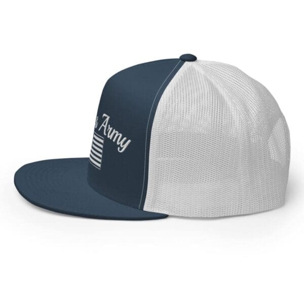 A navy and white Trucker 6006 Snap Back Cap Citizens Army w/ Flag (White Font) with an American flag on it.