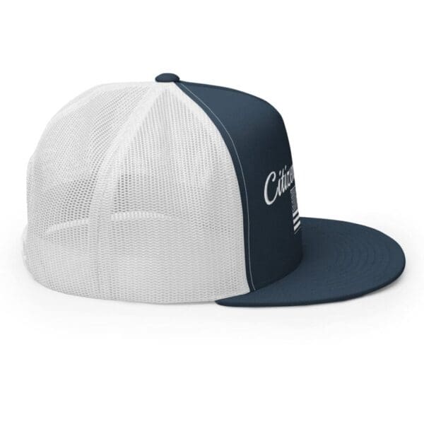 A navy and white Trucker 6006 Snap Back Cap Citizens Army w/ Flag (White Font) with the word california on it.