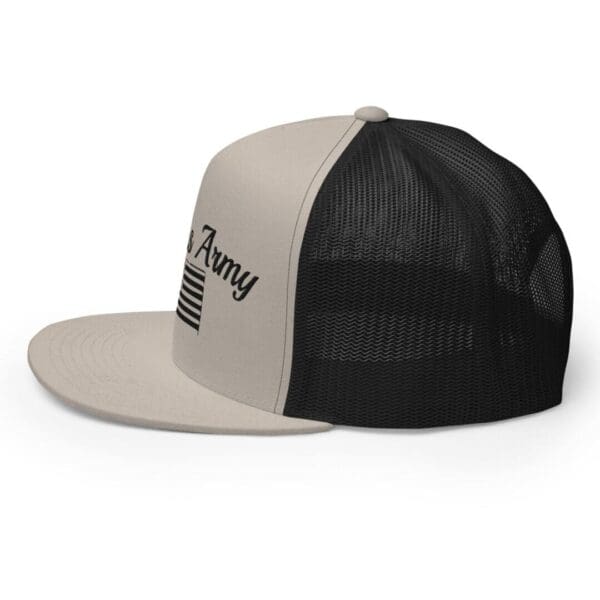 A Trucker 6006 Snap Back Cap Citizens Army w/ Flag (Black Font) with an American flag on it.