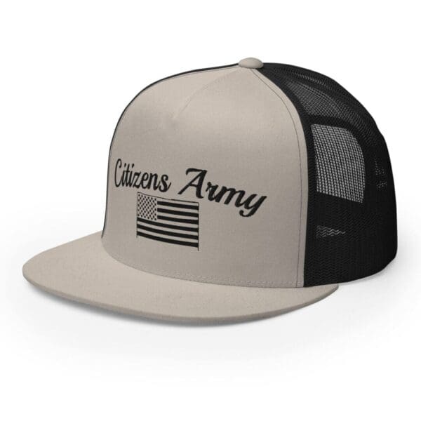 A Trucker 6006 Snap Back Cap Citizens Army w/ Flag (Black Font) with the words veterans army on it.