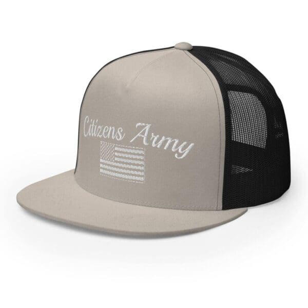 A Trucker 6006 Snap Back Cap Citizens Army w/ Flag (White Font) hat with the words 'citizens army' on it.