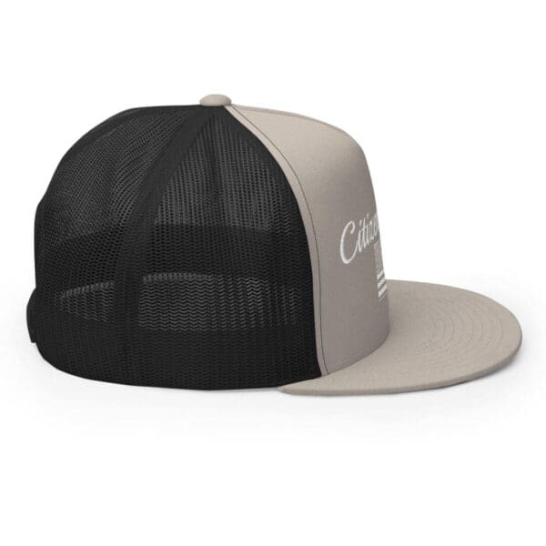 A grey and black Trucker 6006 Snap Back Cap Citizens Army w/ Flag (White Font) with the word california on it.