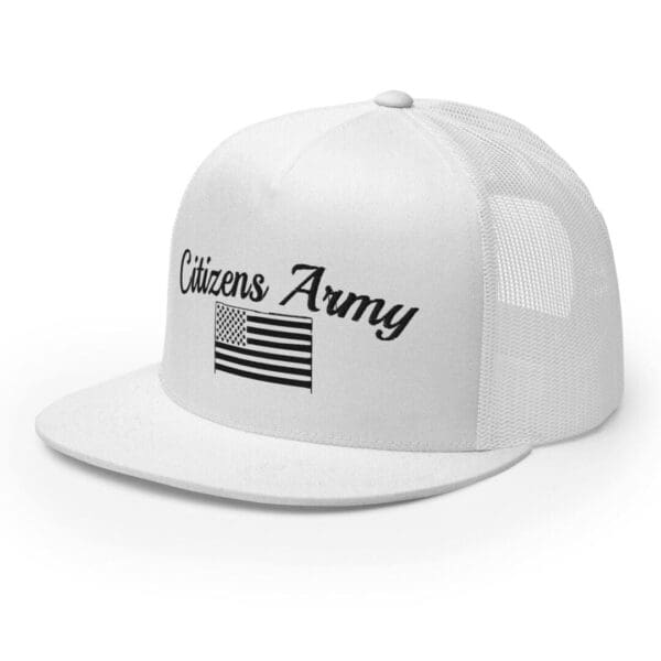 A Trucker 6006 Snap Back Cap Citizens Army w/ Flag (Black Font) with the words citizens army on it.
