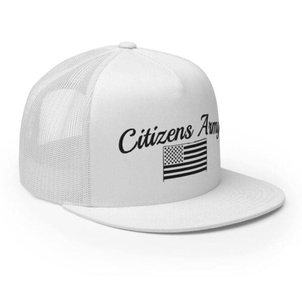 A Trucker 6006 Snap Back Cap Citizens Army w/ Flag (Black Font) with the words citizen's day on it.