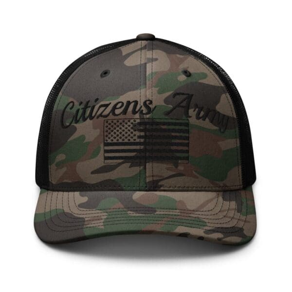 Camouflage 1247 Snap Back Trucker Hat w/Citizens Army & Flag (Black Font)