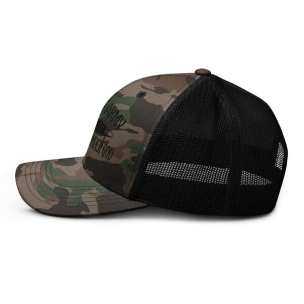 A Camouflage 1247 Snap Back Trucker Hat (Black Logo) with a black mesh.