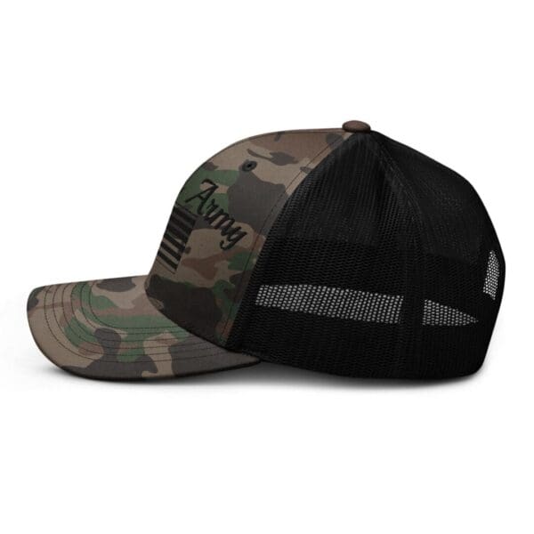 A Camouflage 1247 Snap Back Trucker Hat with Citizens Army & Flag (Black Font) with an American flag on it.