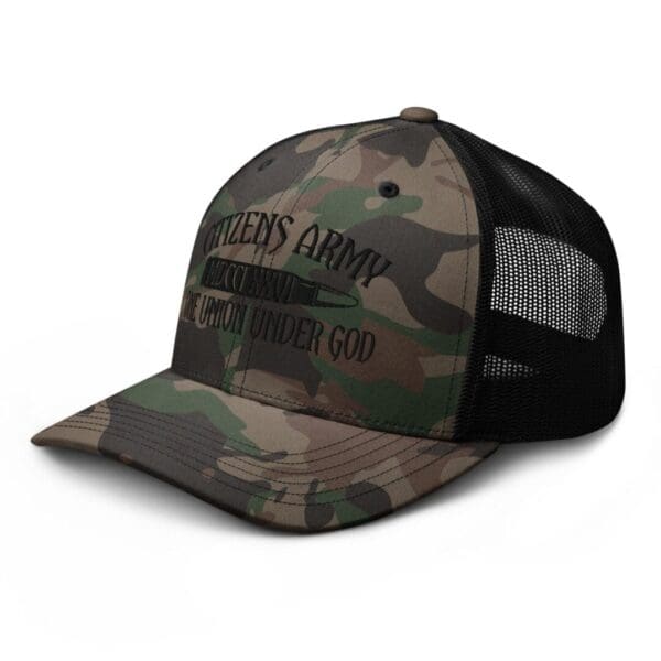 A Camouflage 1247 Snap Back Trucker Hat (Black Logo) with the words, king's army under god.