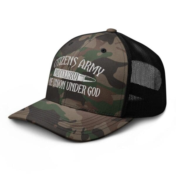 A Camouflage 1247 Snap Back Trucker Hat (White Logo) with the words 'the army is under god'.