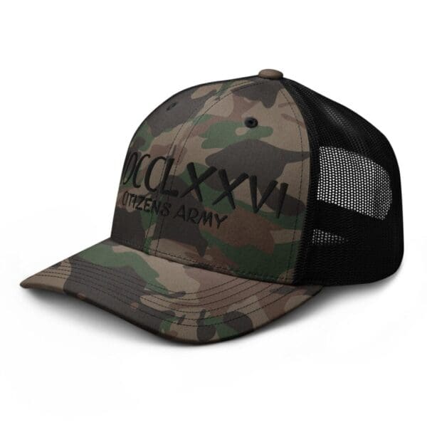 A Camouflage 1247 Snap Back Trucker Hat w/MDCCLXXVI (Black Font) with the word army on it.