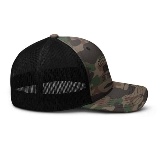 The Camouflage 1247 Snap Back Trucker Hat (Black Logo) is shown on a white background.