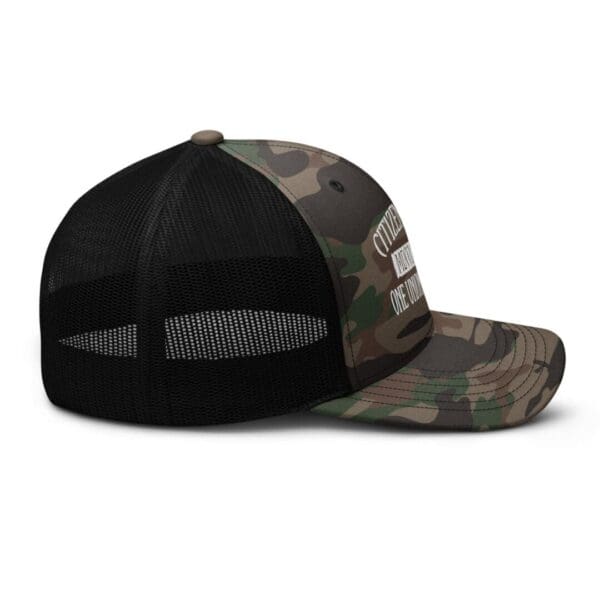 A Camouflage 1247 Snap Back Trucker Hat (White Logo) with a camouflage design.