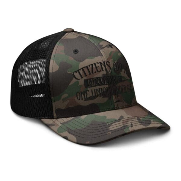 A Camouflage 1247 Snap Back Trucker Hat (Black Logo) with the words citizen's.