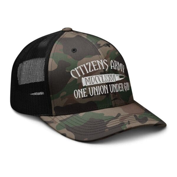 A Camouflage 1247 Snap Back Trucker Hat (White Logo) that says citizen's group.