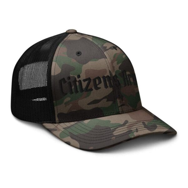 A Camouflage 1247 Snap Back Trucker Hat w/Citizens Army (Black Font) with the word citizen in it.