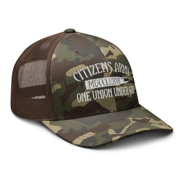 A Camouflage 1247 Snap Back Trucker Hat (White Logo) with the words citizen's group on it.