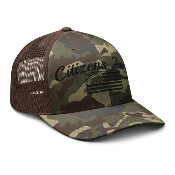 A Camouflage 1247 Snap Back Trucker Hat w/Citizens Army & Flag (Black Font) with the words citizen's day on it.
