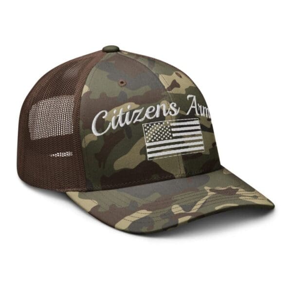 A Camouflage 1247 Snap Back Trucker Hat w/Citizens Army & Flag (White Font) with the words citizen's america on it.