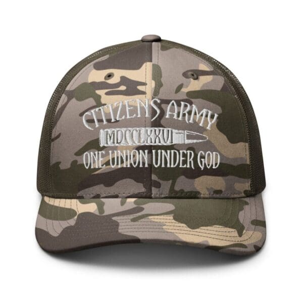 A Camouflage 1247 Snap Back Trucker Hat (White Logo) with the words citizen's army under god.