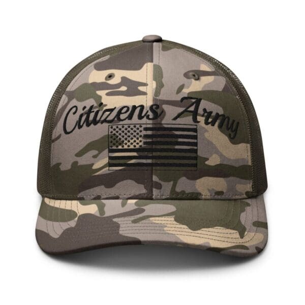 Camouflage 1247 Snap Back Trucker Hat w/Citizens Army & Flag (Black Font).